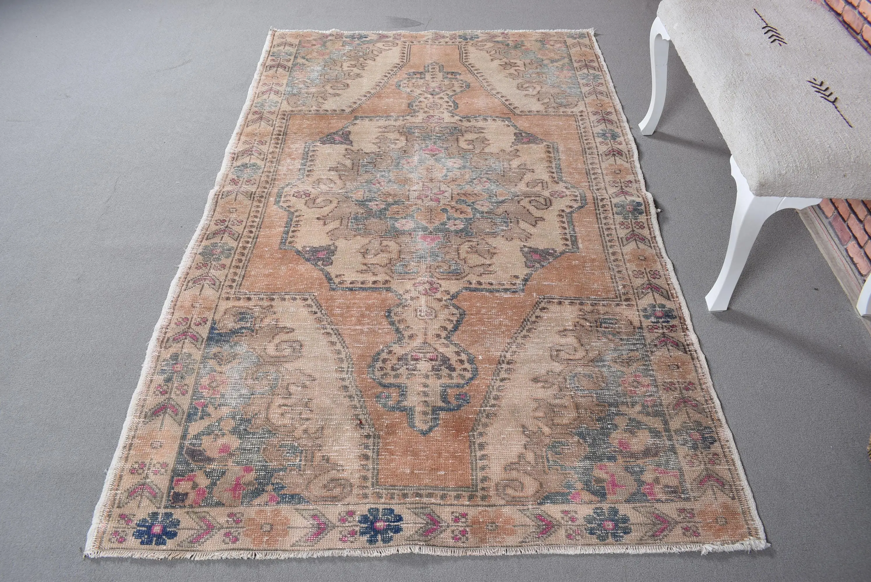 Turkish Vintage Area Rug 4.4x7.2 ft, Brown Blue Animal Print Wool Rug - 1