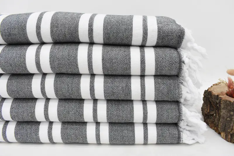 Wedding Towel Black Terry Striped Turkish Handwoven Bath Towel, 66x36 Inches