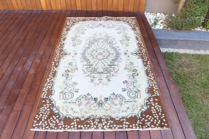 3.9x6.6 ft Vintage Halı, Türk Alan Halısı, Kahverengi Beyaz Güneybatı Halısı - 1