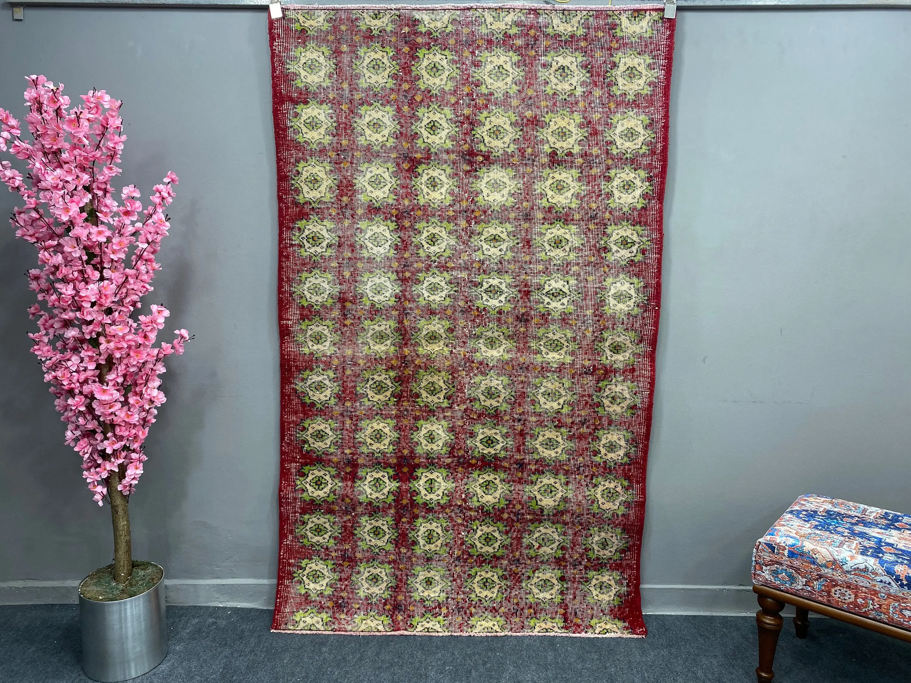 4.1x6.7 ft Rug, Turkish Rug, Vintage Red Wool Floral Rug - 1
