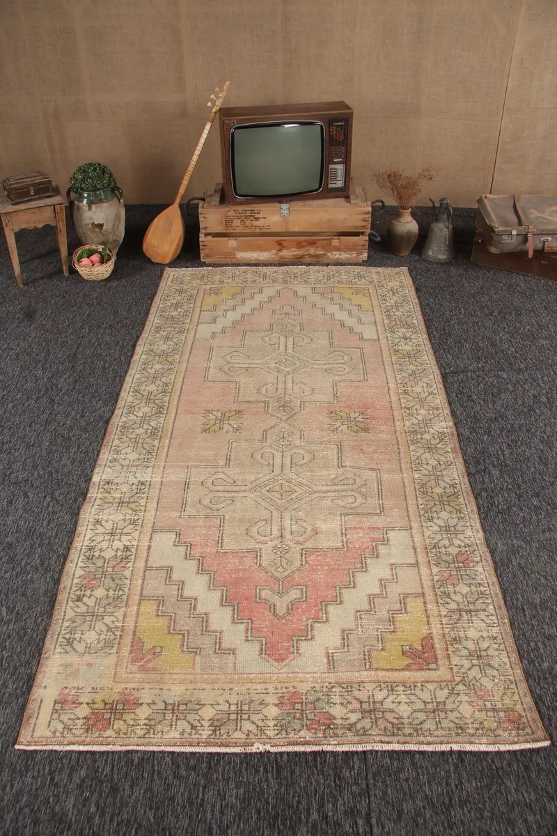 Turkish 4.6x9.2 ft Rug, Oushak Vintage Rug, Red Bordered Wool Rug - 1