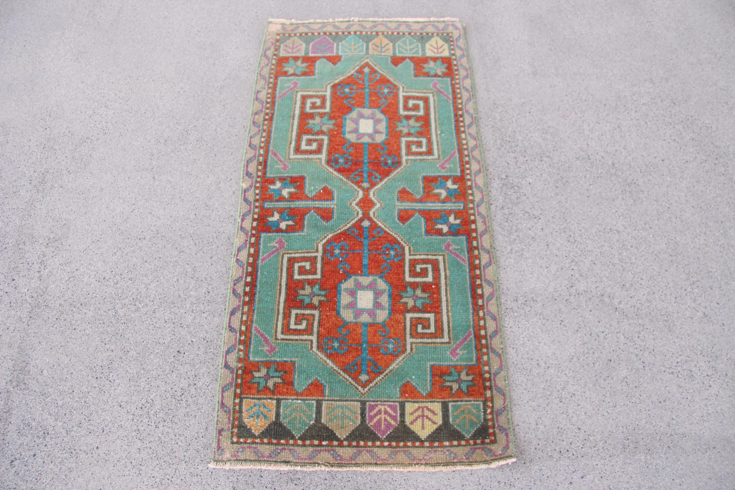 Vintage Rug 1.7x3.3 ft, Orange Blue Ikat Wool Turkish Rug - 1