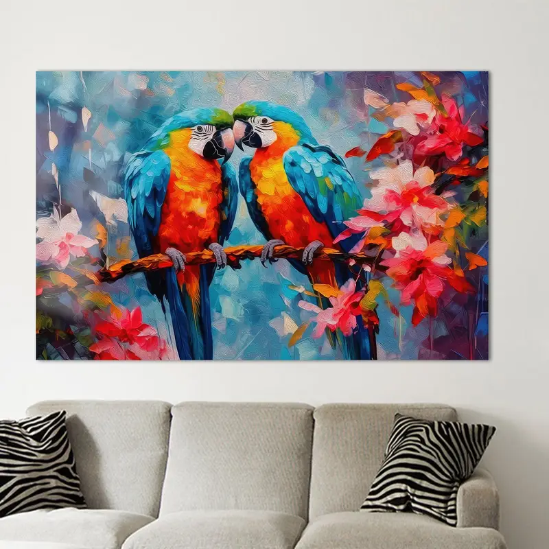 エレガントなオウムのカップル キャンバス: 鮮やかなプリント ウォール アート