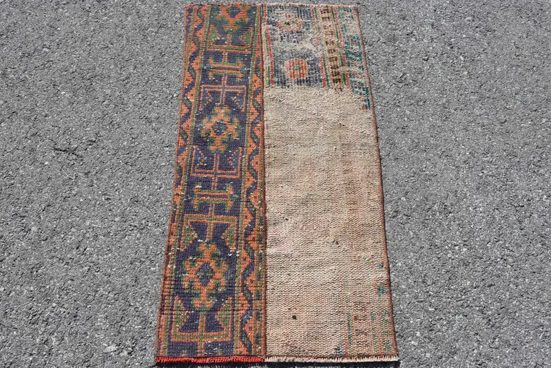 1.6x3.2 ft Vintage Küçük Halı, Mavi Kırmızı Türk Soyut Yün Halı - 1