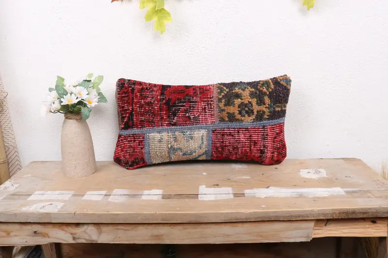 Antique Pillows, Cushion, Kilim Cushion Sham, Couch Pillow Sham, Pillow for Couch, 8x16 Red Pillow Cover, Bohemian Cushion Pillow Sham - 1