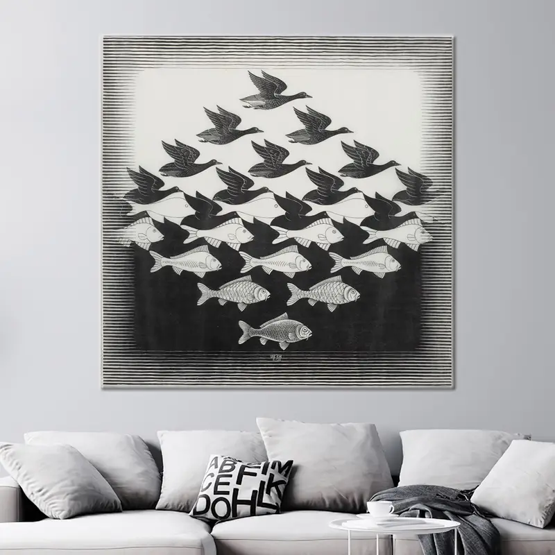 Soyut Siyah Beyaz Kanvas Tablo: Escher, Balık, Kuş Kanvas Tablo