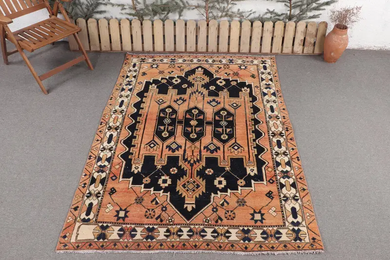Handmade Orange Rug, 5,1x6,9 ft Bronze Bordered