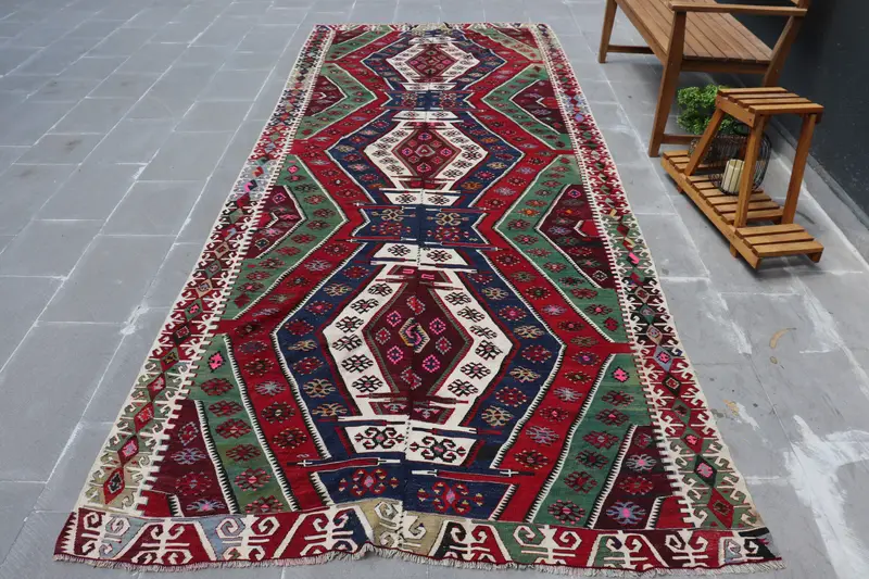 Vintage Kilim Runner Rug 5x12.5 ft (153x381 cm), Turkish Red Oriental Rug - 1