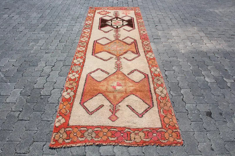 Alfombra Vintage Runner, alfombra turca de 3,4x10,6 pies, alfombra de lana de camuflaje naranja - 1