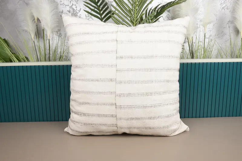 Turkish Moroccan Pillow Cover, Beige 28x28 inch Striped Large Square Pillow Sham - 1