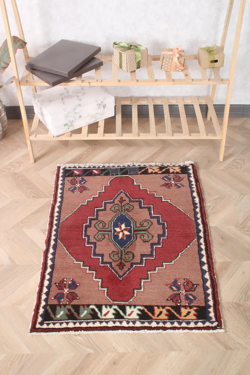 Turkish Vintage Rug, 2.4x3 ft Small Rug, Red Brown Animal Print Wool Rug - 1