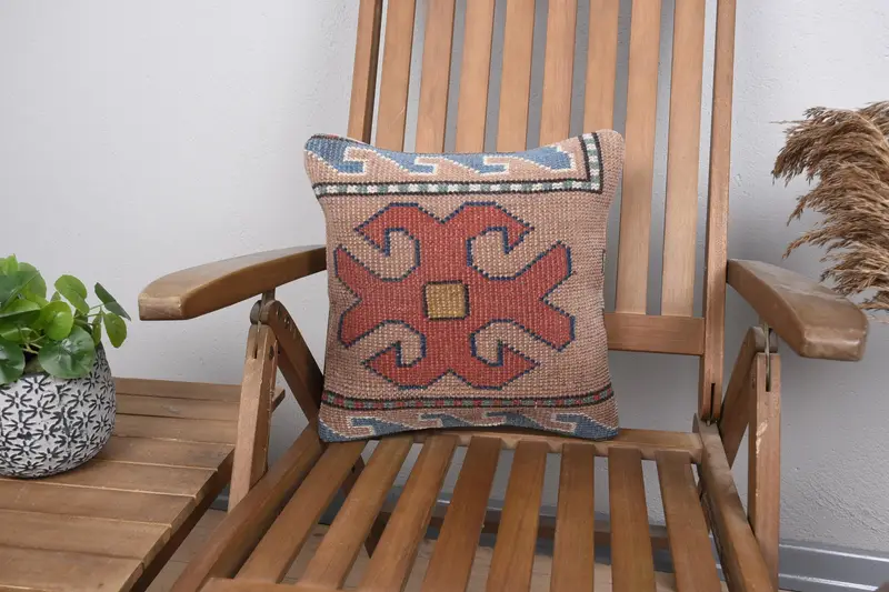 Ethnical Kilim Rug Pillow, Pillow for Couch, Living Room Throw Pillow Cover, Pillow, 14x14 Pink Cushion Case, Antique Pillows - 1