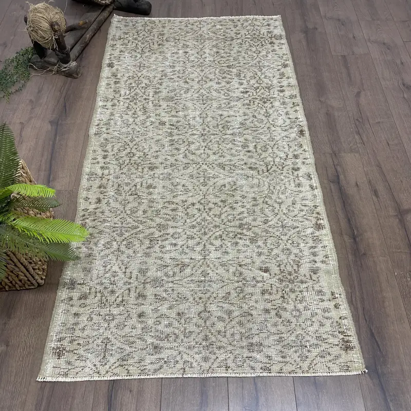 Turkish Oushak Rug 3.1x6.1 ft (95x185 cm), Gray Check Vintage Rug - 1