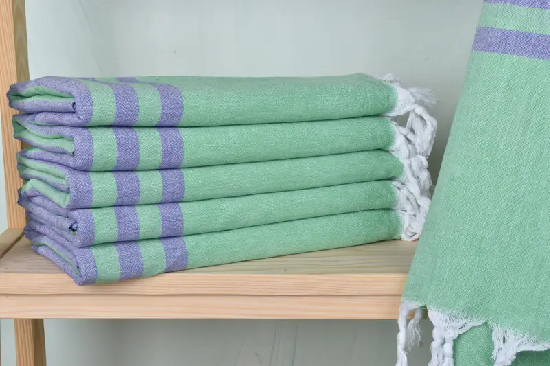 Personalized Gift Towel Purple-Green Stripes, Organic Cotton/Linen, 36x71 Inches