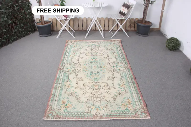 Alfombra de cuadros verde y beige, decoración elegante de 3,8x6,8 pies