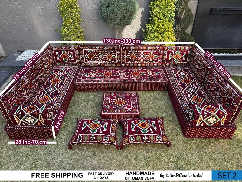 コースタルキリム風のオットマンセット、トロピカルモジュール式オットマン