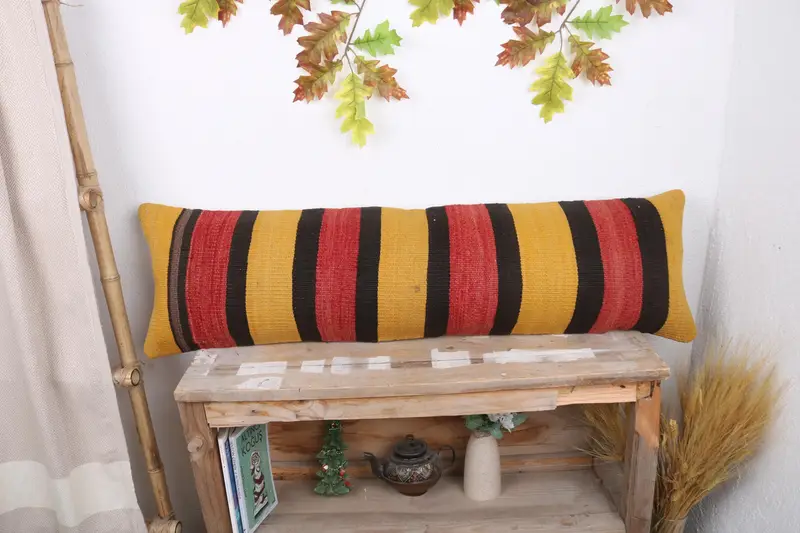 Kilim Pillow Cover, 12x43 Yellow Pillow Case, Cushion Cover, Cotton Pillow Case, Gift Pillow, Interior Designer Pillow, Bolster Throw Pillow Case - 1