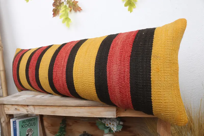 Kilim Pillow Cover, 12x43 Yellow Pillow Case, Cushion Cover, Cotton Pillow Case, Gift Pillow, Interior Designer Pillow, Bolster Throw Pillow Case - 4