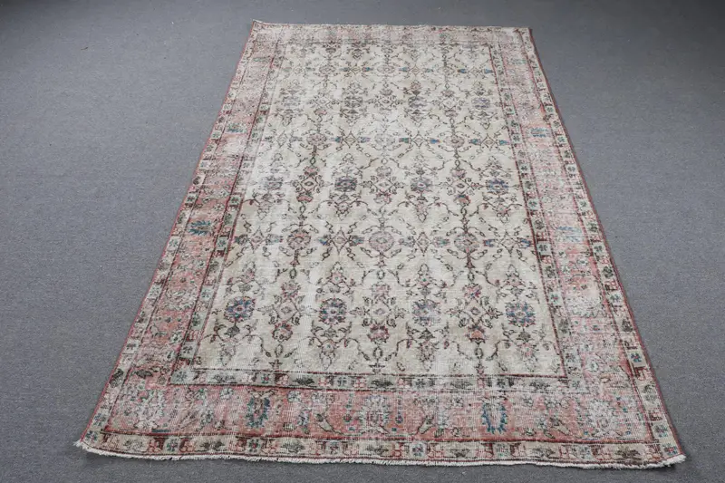 Zarif Bej ve Mavi Kareli Halı, 4,7x7,9 ft Şık Dekor