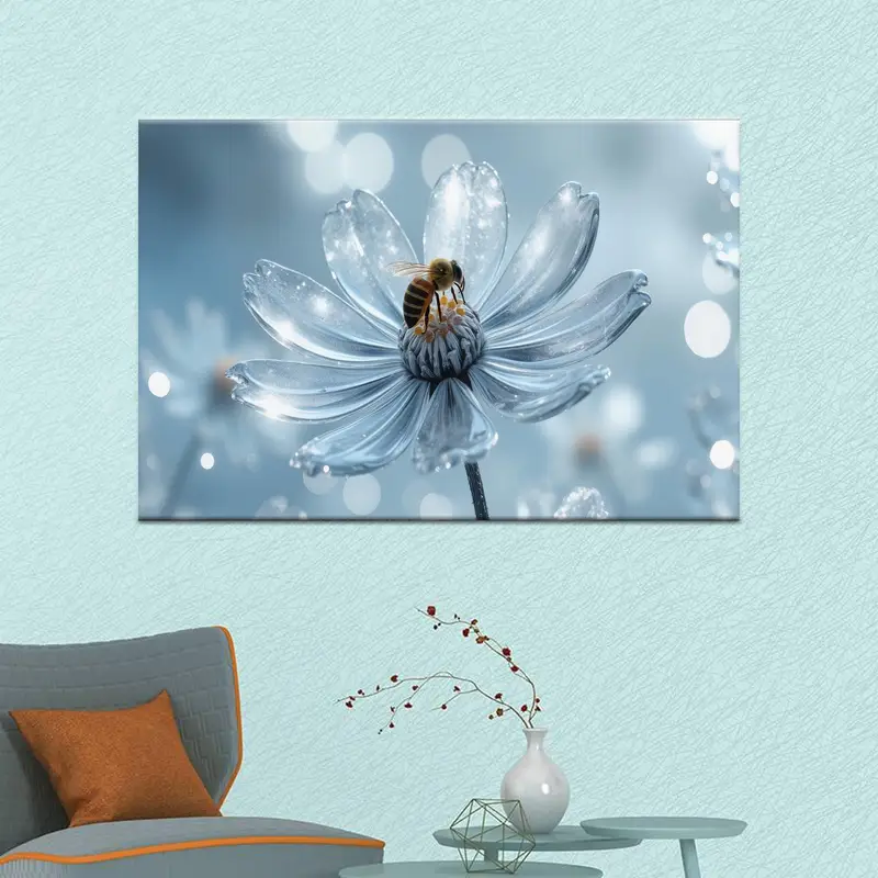 Elegant Canvas Print: White Flower, Transparent Petals, Bee Charm