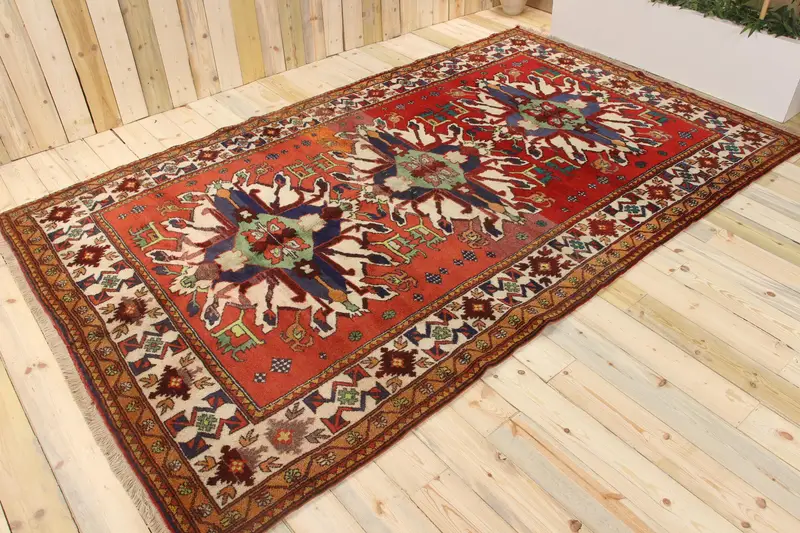 Vintage Türk Halısı 6.5x10.8 ft (198x328 cm), Oushak Kırmızı Mavi Çiçekli Halı - 1