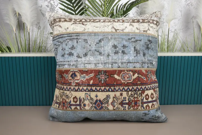 Blaues und rotes Patchwork-Wurfkissen, 28x28 besticktes Kissen