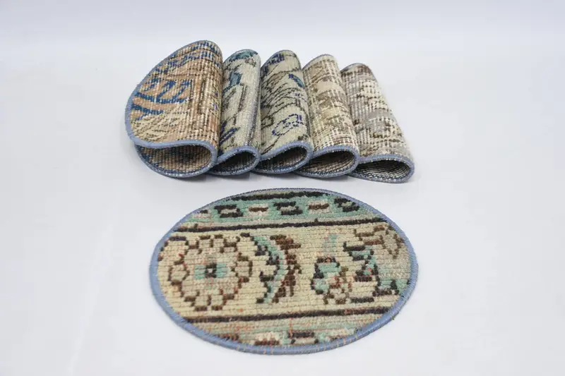 Böhmische beige und grüne Kreis-Tischsets, böhmische Tischsets aus Baumwolle