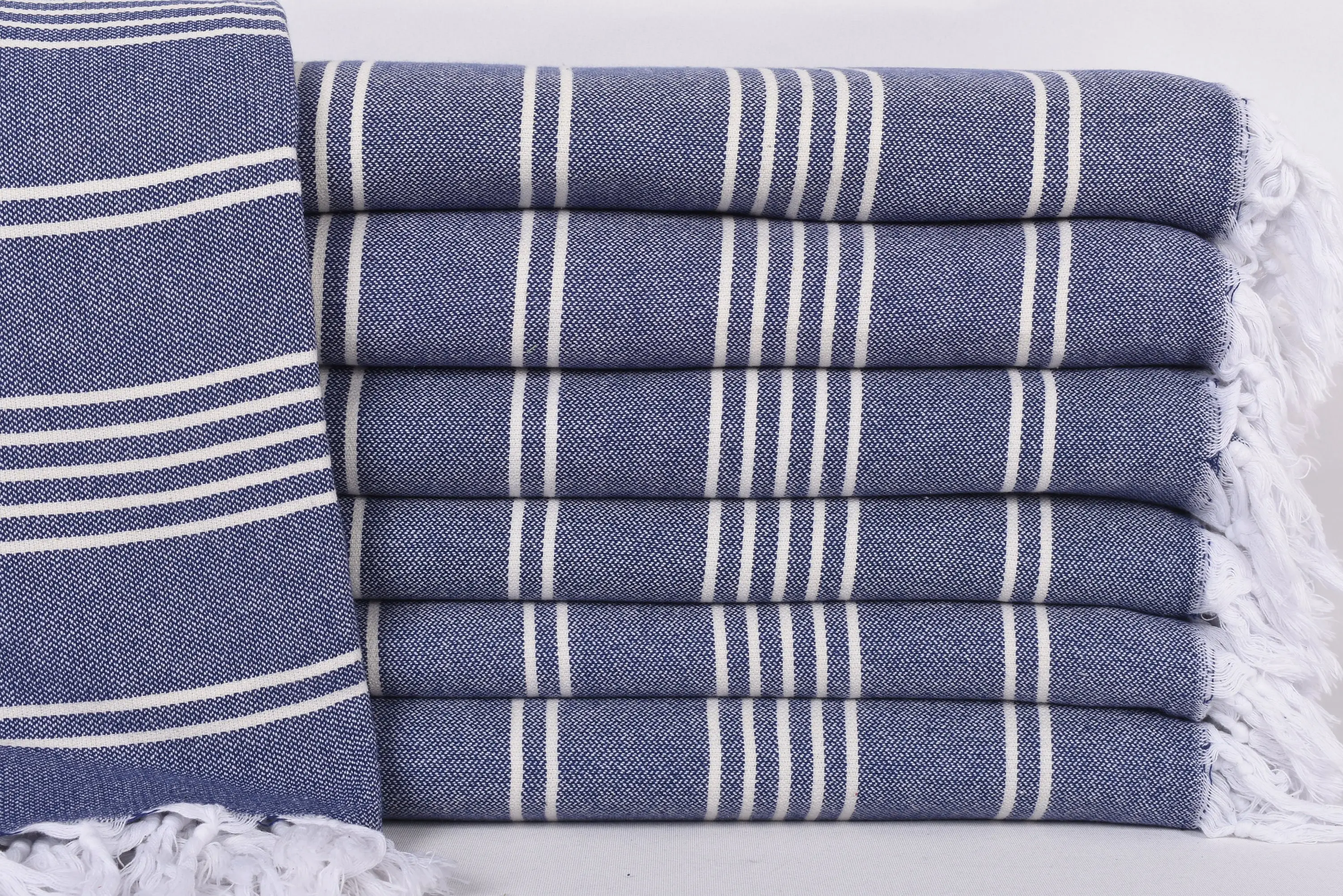 Personalized Navy Striped Throw Blanket, Organic Cotton, 95x71 Inches - 1