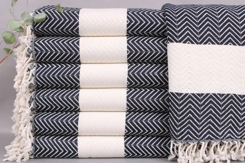 Oversized Turkish Beach Towel Navy Chevron, Organic Cotton, 40x71 Inches
