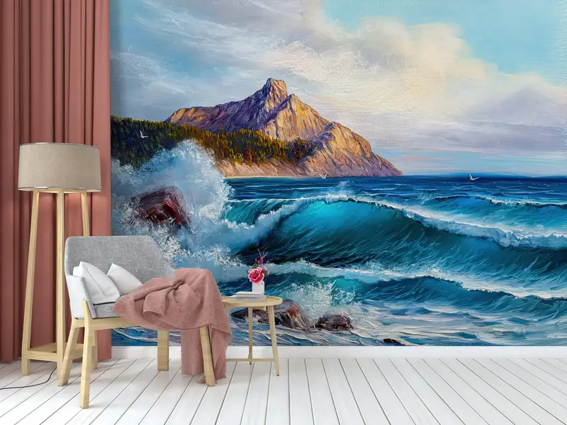 Elegante bedruckte Meereslandschaftstapete: Wellen und Berge der Natur