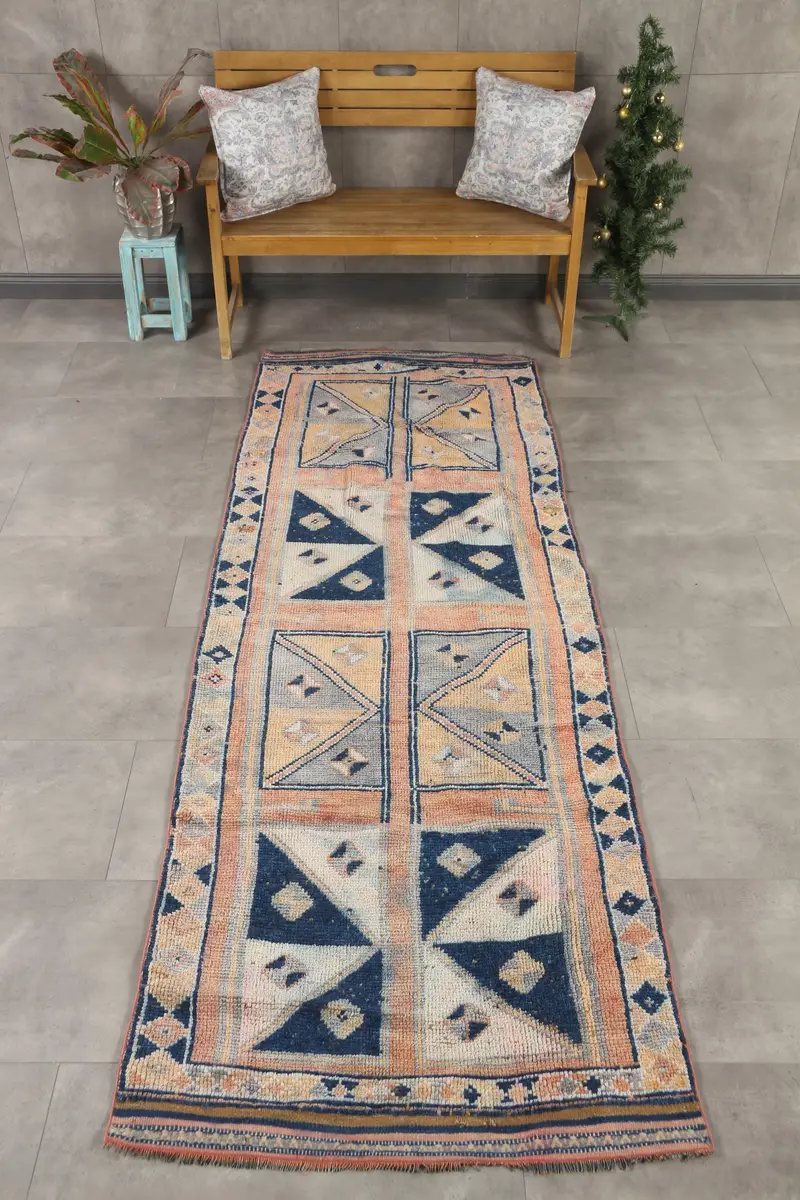 3.3x9.4 ft Vintage Türk Halısı, Yolluk Halısı, Mavi Herki Bordürlü Halı - 1