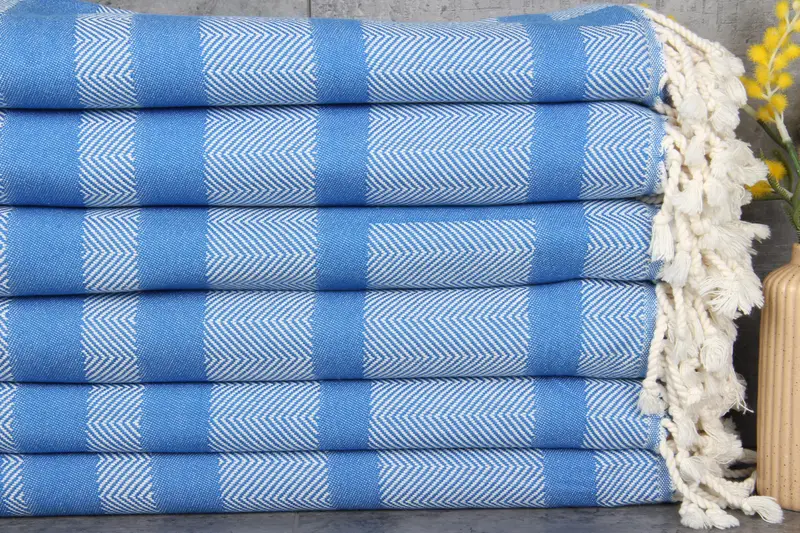 Embroidered Beach Towel Sax Blue Chevron, 38x67 Inches