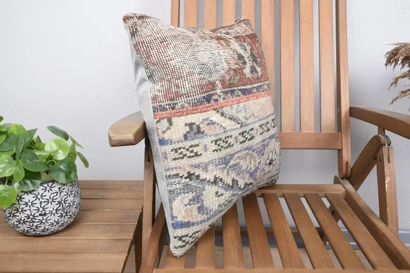 18x18 Blue Cushion Case, Handmade Kilim Cushion, Pillow Case, Ethnical Kilim Rug Pillow, Vintage Pillow, Colorful Pillow Cover - 2