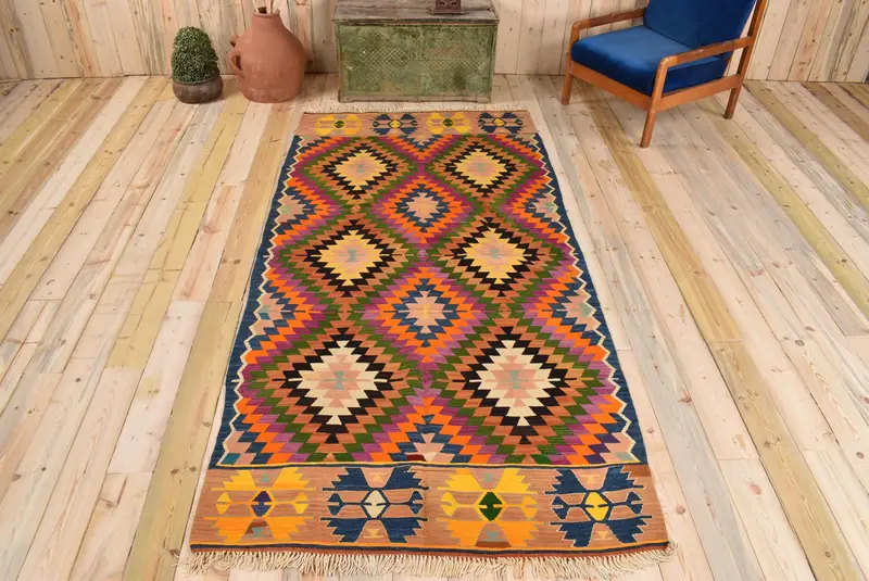 Green & Purple Southwestern Rug, 4,3x8,9 ft Chic Decor