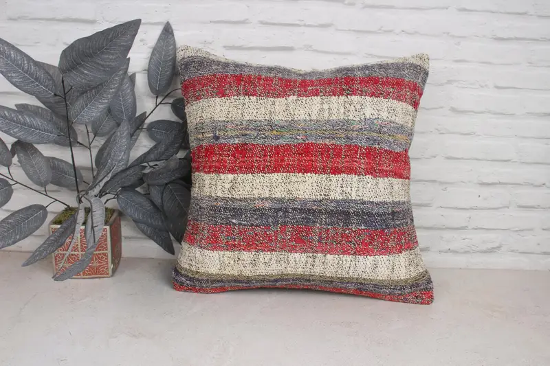 Ethnic Throw Pillow Cover, Kilim Cushion Sham, Ethnical Kilim Rug Pillow, Colorful Cushion Cover, 20x20 Red Cushion Case, Kilim Pillow, Pillow Cover - 1