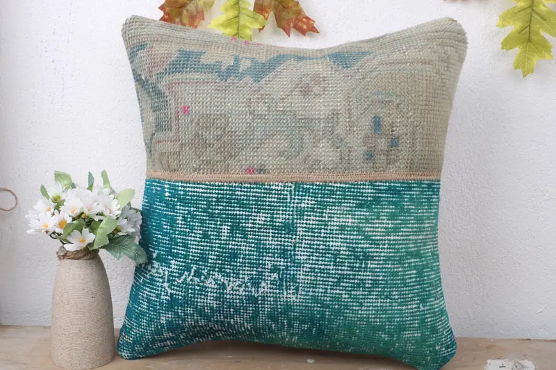Ethnical Kilim Rug Pillow, 16x16 Blue Cushion Case, Bed Pillow, Cushion, Throw Kilim Pillow, Kilim Cushion Sham, Ethnic Throw Pillow Sham - 2
