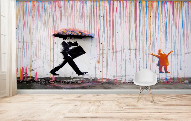 Baskılı Duvar Kağıdı: Şemsiyeli Yağmur Altındaki Çocuklar