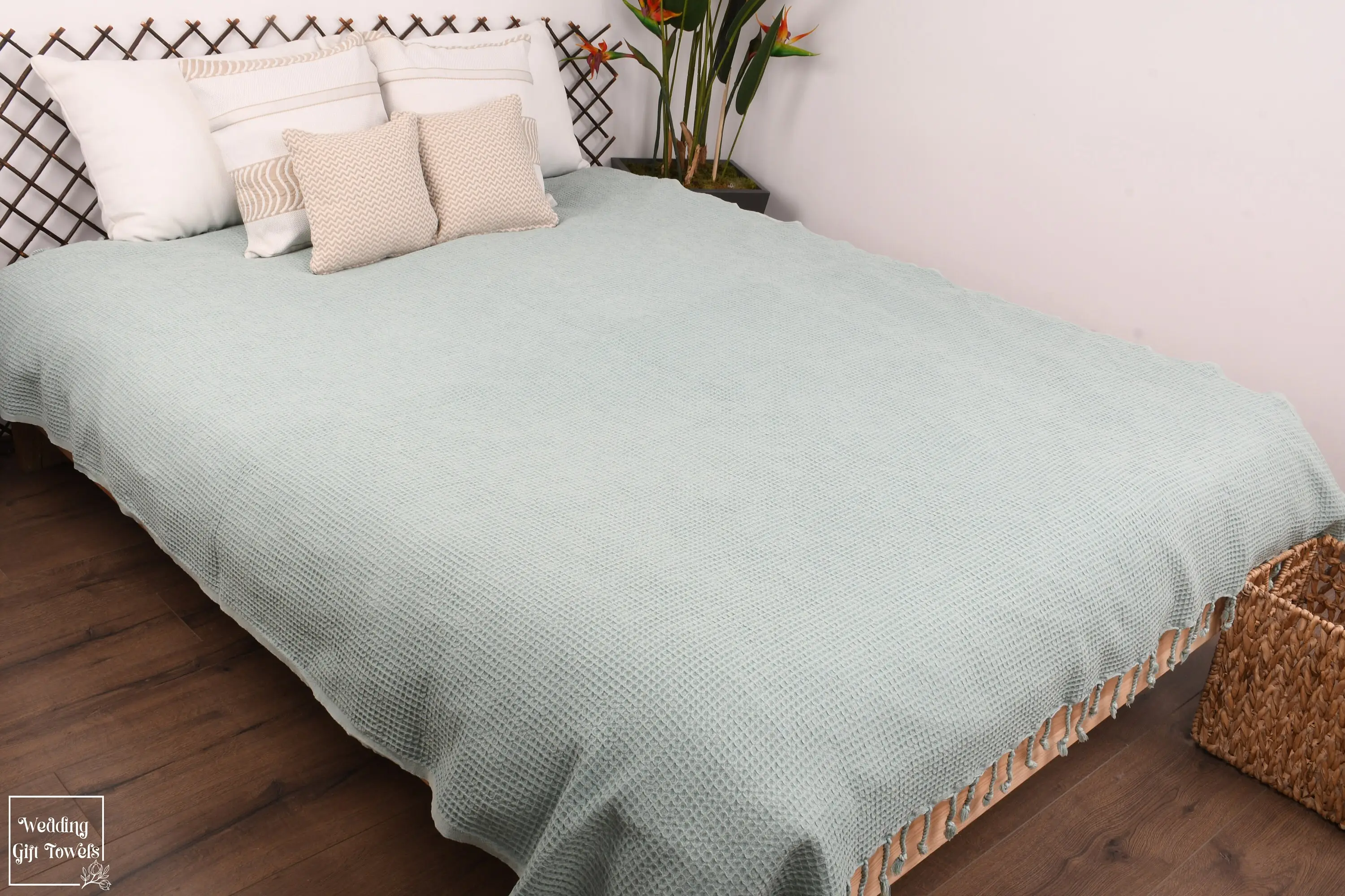 Monogram Waffle Weave Turkish Cotton Throw Beige, Toddler Size, 67x91 Inches - 1