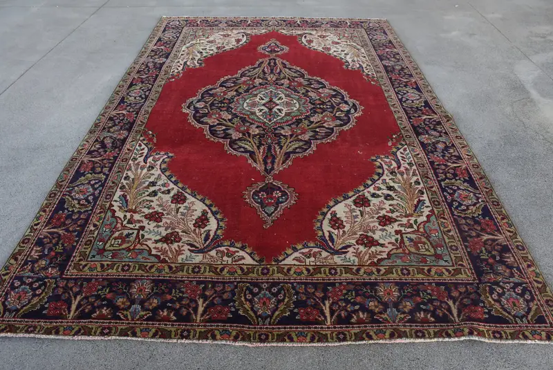 Türk Vintage Halısı, Büyük 6.7x10.2 ft (205x312 cm) Halı, Kırmızı Oryantal Yün Halı - 1
