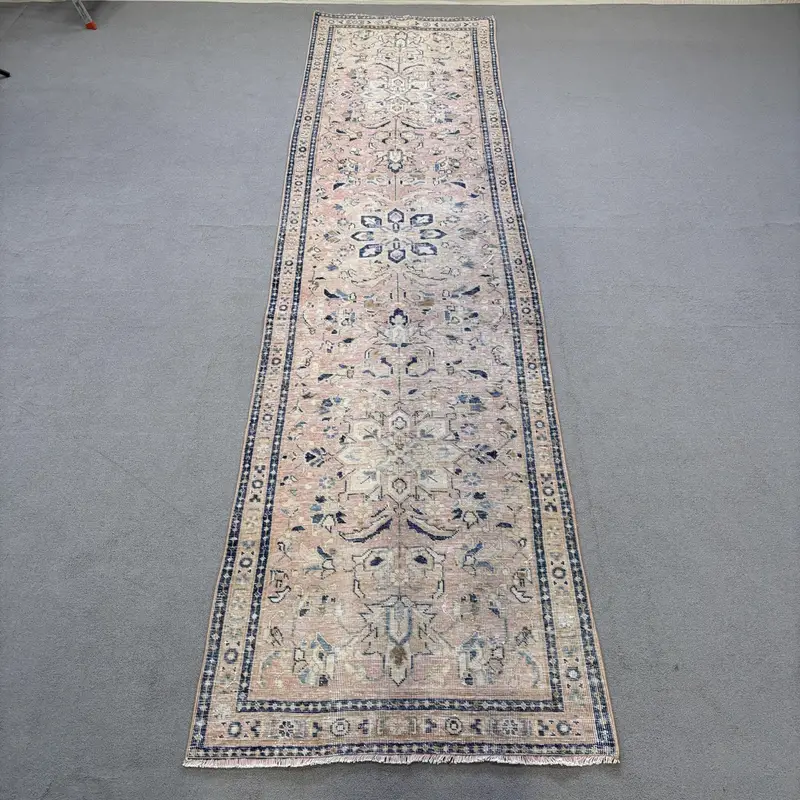 Türkischer 3,1x12,3 ft Läuferteppich, Vintage Teppich, Oushak Blauer Teppich - 1