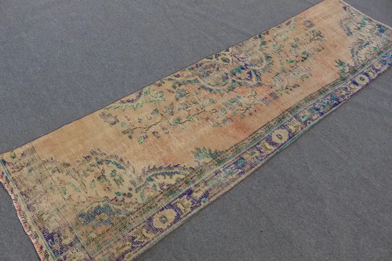 2.5x8.7 ft Runner Türk Halısı, Vintage Halı, Mavi Kahverengi Çiçekli Yün Halı - 1