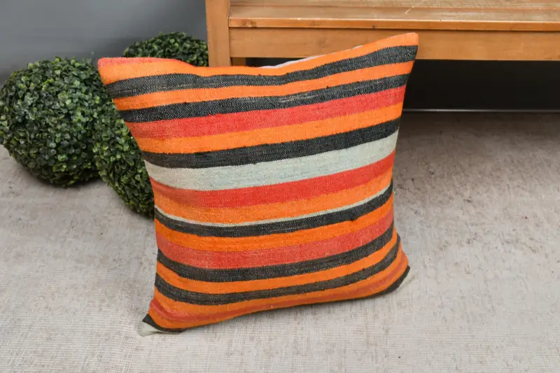 20x20 Orange Cushion Cover, Home Decor Pillow, Vintage Kilim Throw Pillow, Cushion Cover, Antique Pillows, Aesthetic Pillow Case - 7