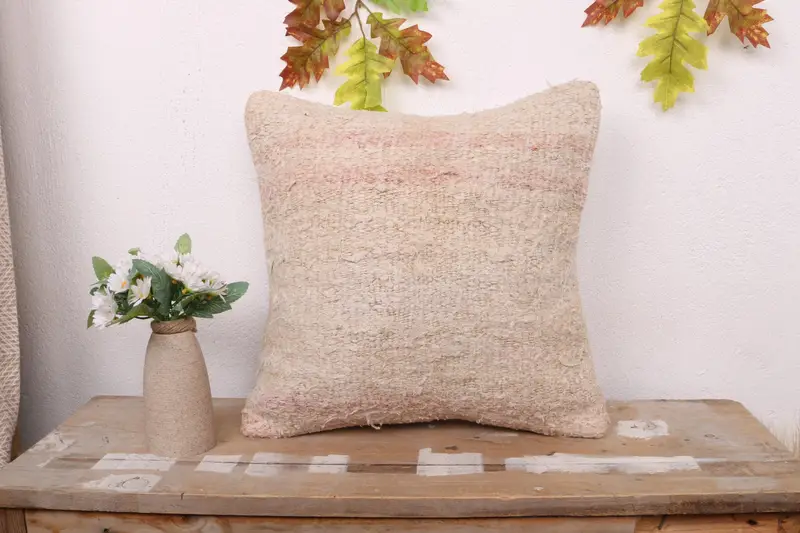 Pillow, 16x16 Beige Pillow Sham, Throw Kilim Pillow, Bed Cushion Case, Accent Pillow, Antique Pillows, Nomadic Cushion, Turkish Pillow - 1