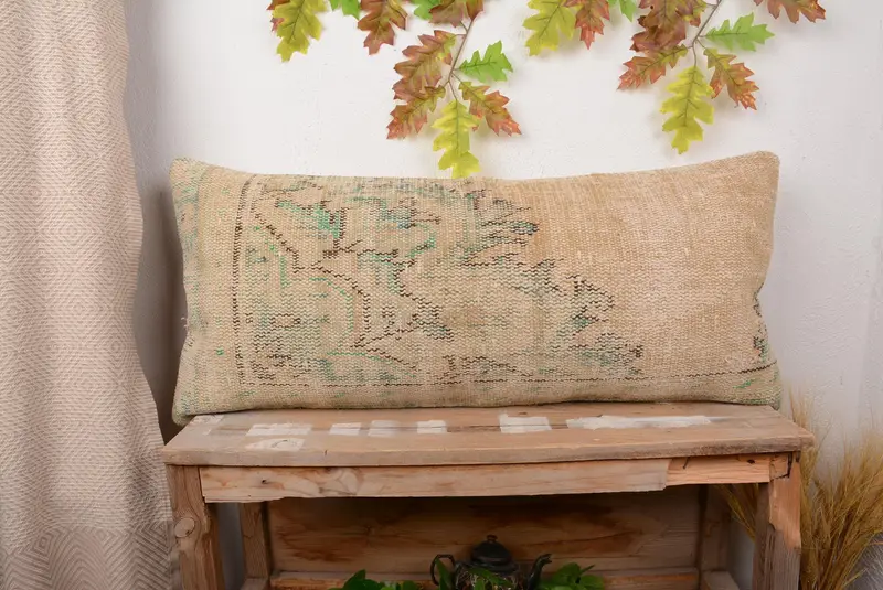 Blau & Beige besticktes Wurfkissen, handgemachtes Vintage Kissen