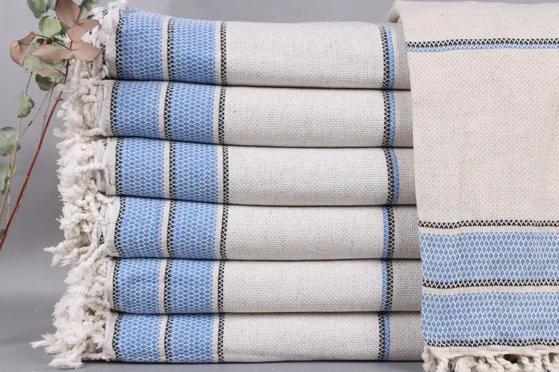 Turkish Throw Blanket Sax Blue Striped, Personalized, 95x103 Inches