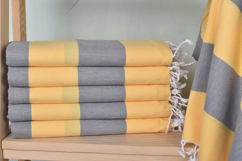 Beach Towel Personalized Dark Gray-Mustard Organic Cotton/Linen, 40x71 Inches