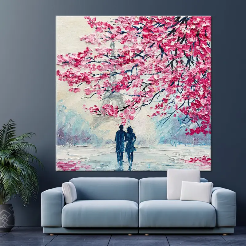Lovely Couple Under Pink Tree, Paris Wall Art, Eiffel Tower Painting, Lovely Wall Art, Lovely Canvas, Couple Painting, Valentines Day Gift, - 1