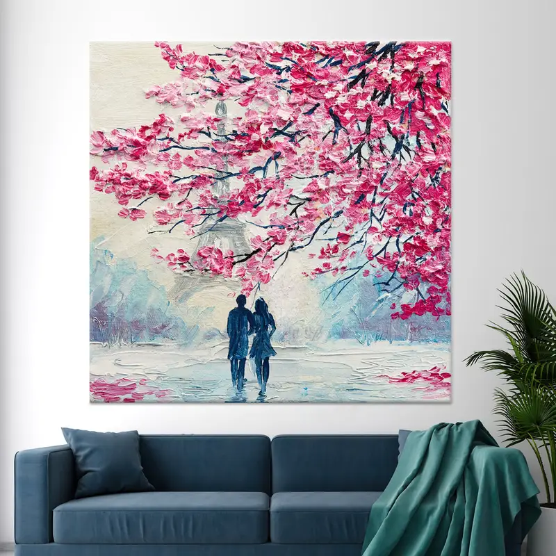 Lovely Couple Under Pink Tree, Paris Wall Art, Eiffel Tower Painting, Lovely Wall Art, Lovely Canvas, Couple Painting, Valentines Day Gift, - 3