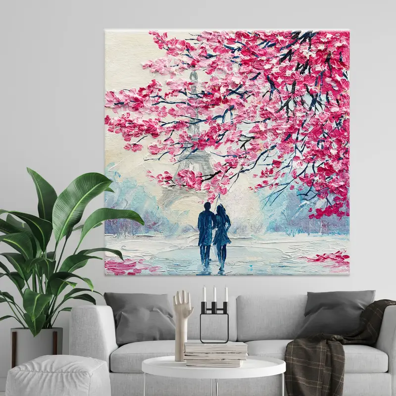 Lovely Couple Under Pink Tree, Paris Wall Art, Eiffel Tower Painting, Lovely Wall Art, Lovely Canvas, Couple Painting, Valentines Day Gift, - 2