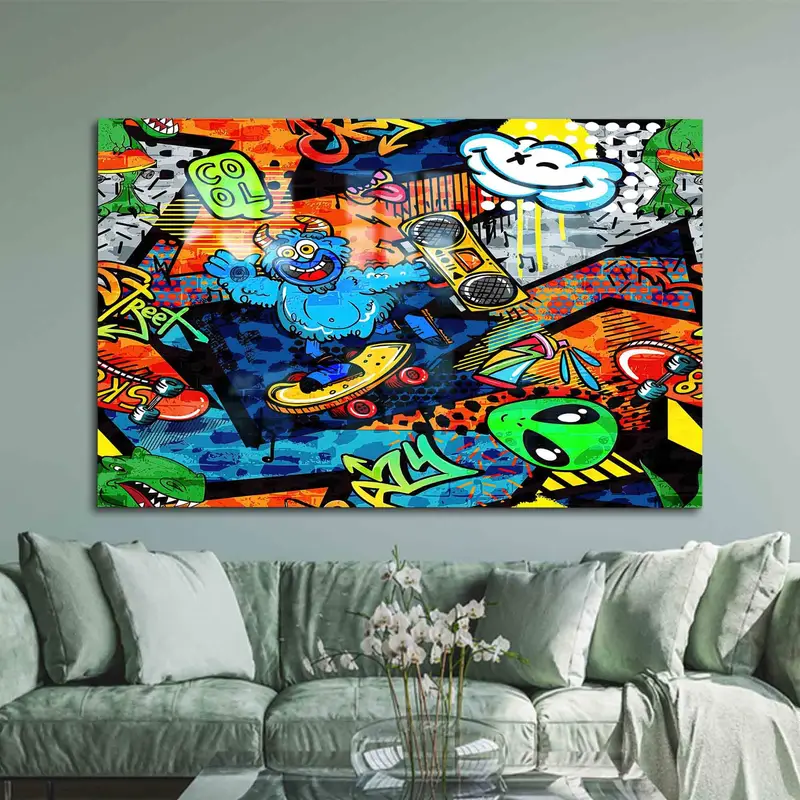 モダンなプリントガラス: 家の装飾用のかわいいモンスターの落書きデザイン